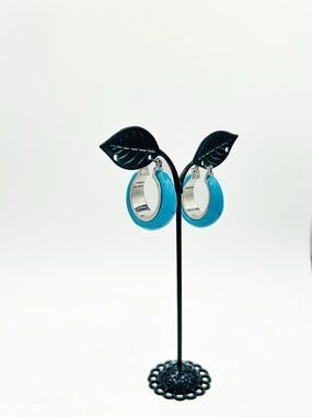 Turquoise Enamel Hoop Earrings - Silver Tone Chunky Huggie Hoops